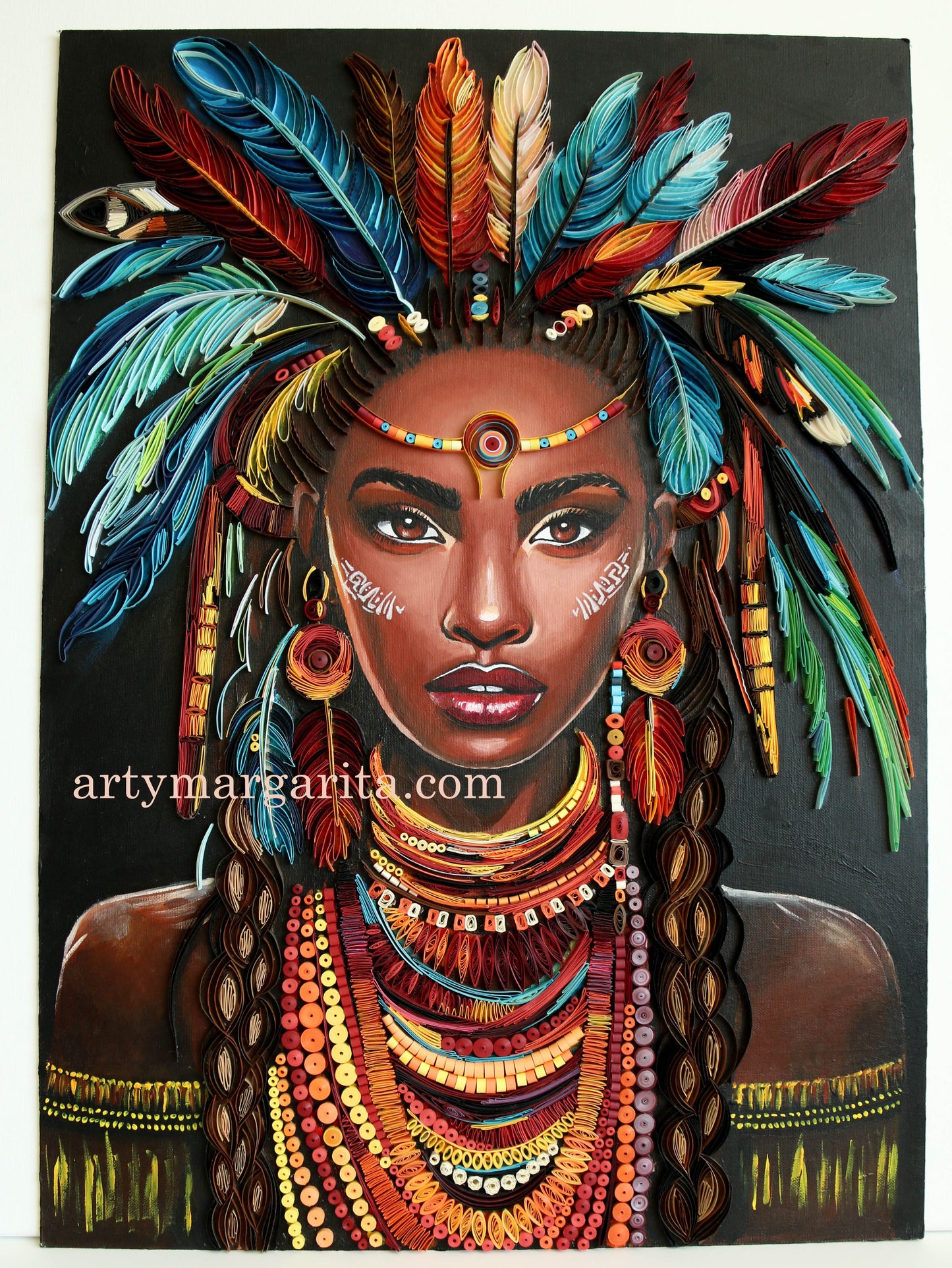 Shaman woman paper artwork with paper jewellery Quilling