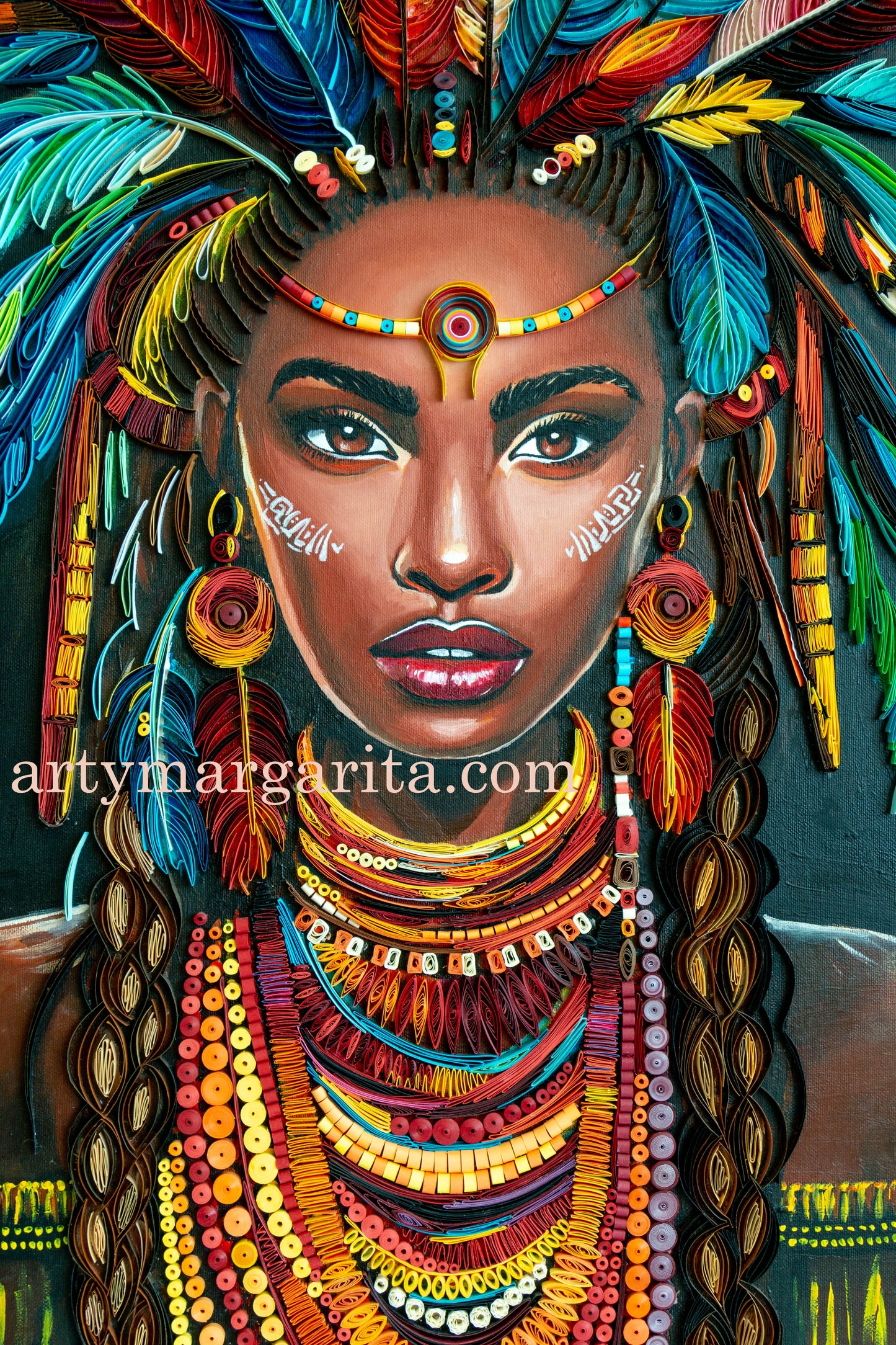 Shaman woman paper artwork with paper jewellery Quilling
