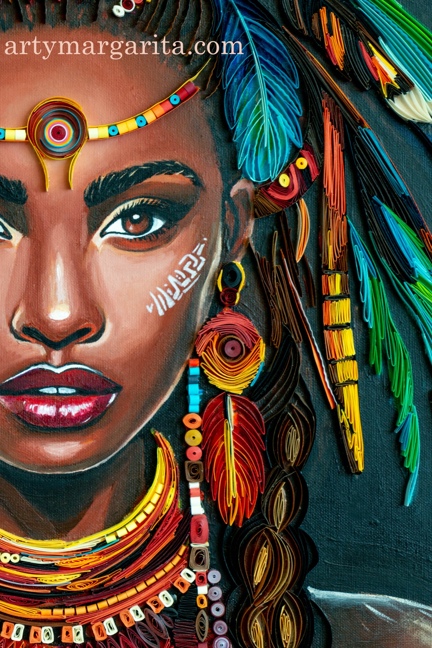 Shaman woman paper artwork with paper jewellery Quilling