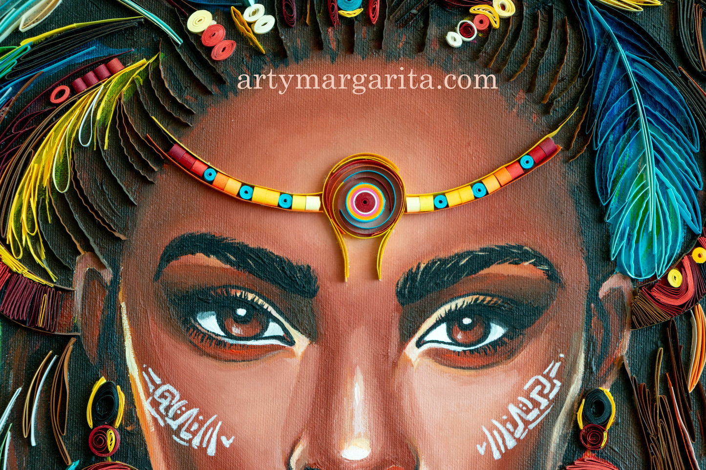 Shaman woman paper artwork with paper jewellery Quilling