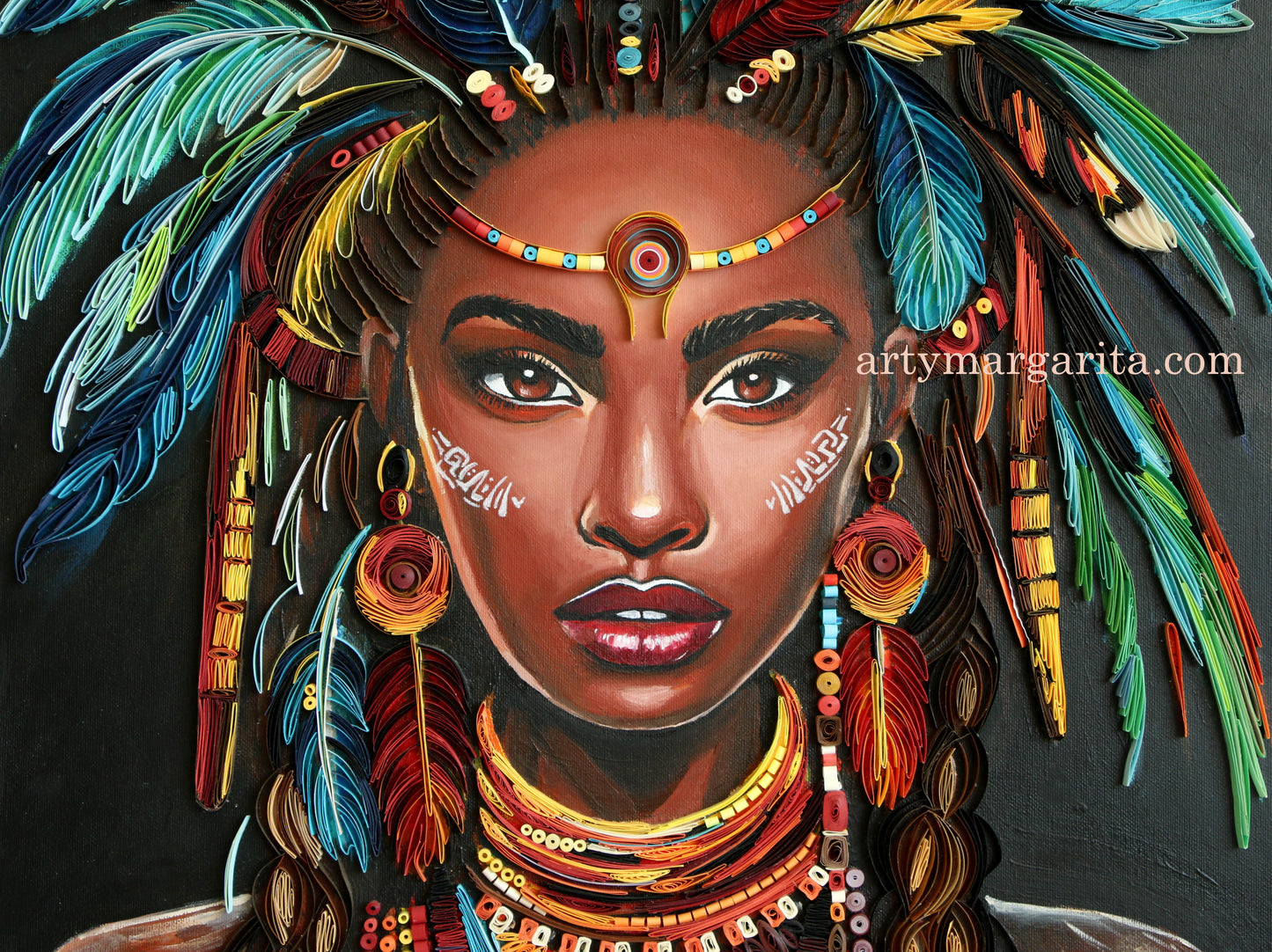 Shaman woman paper artwork with paper jewellery Quilling