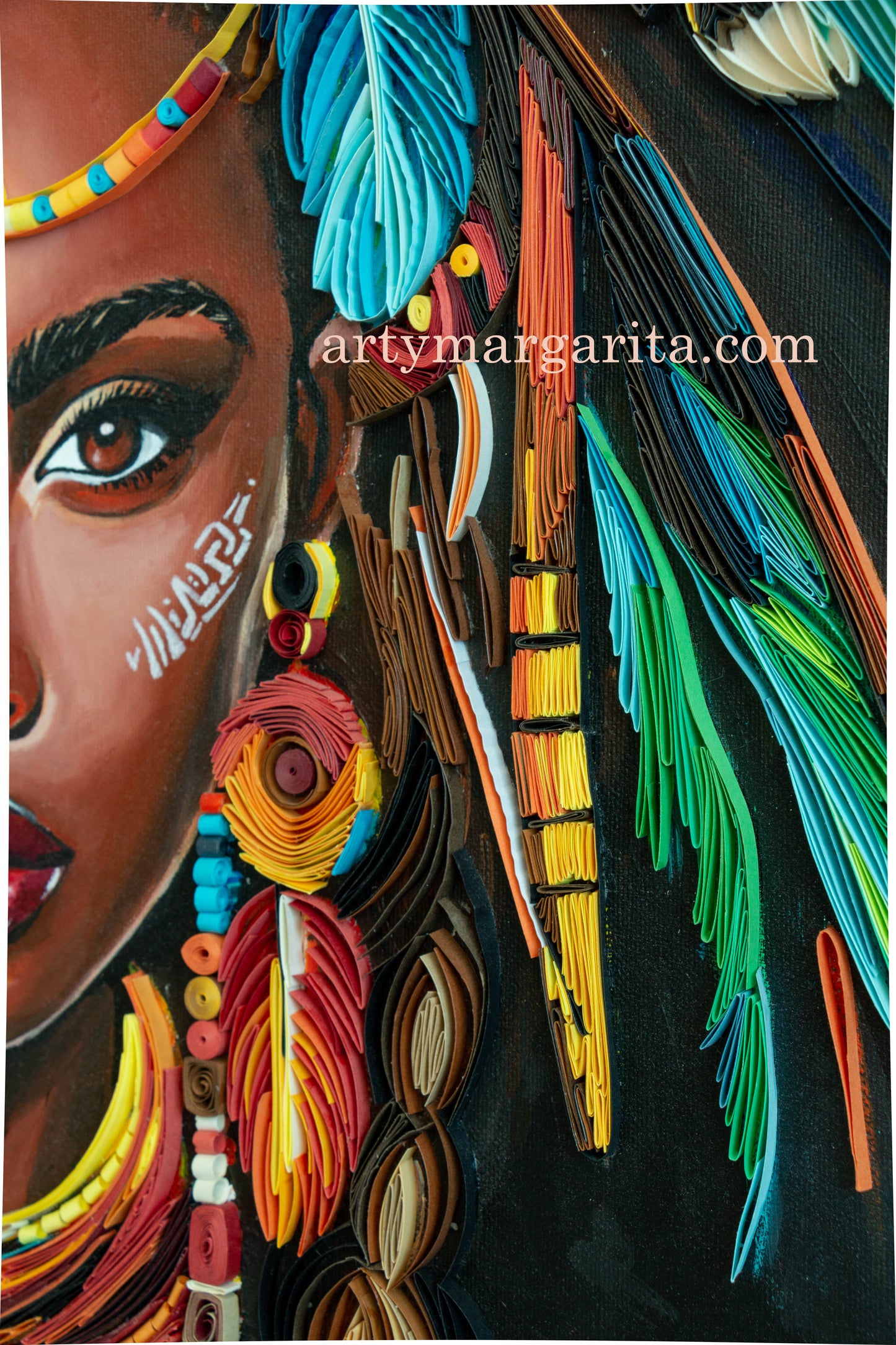 Shaman woman paper artwork with paper jewellery Quilling