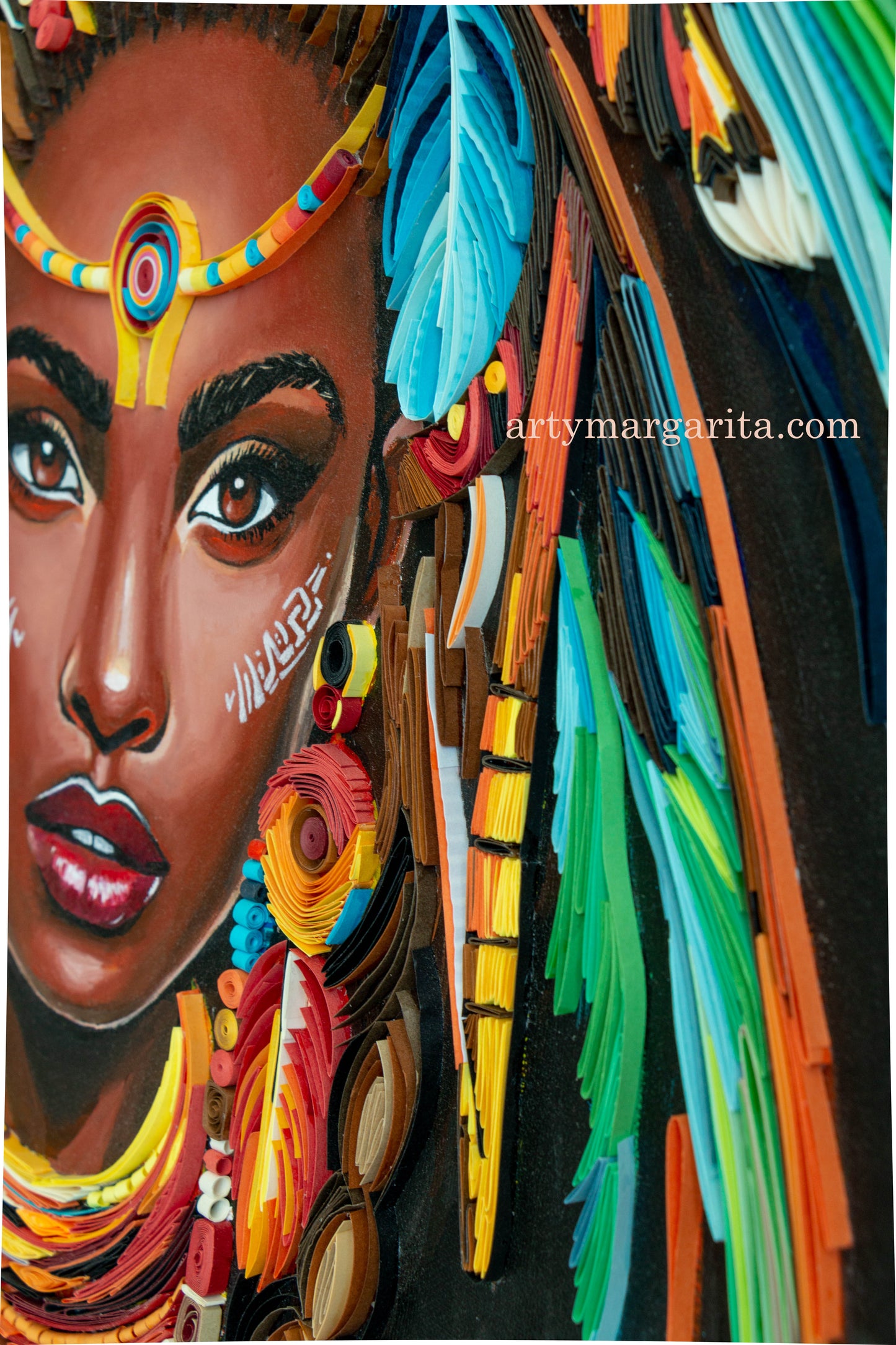 Shaman woman paper artwork with paper jewellery Quilling