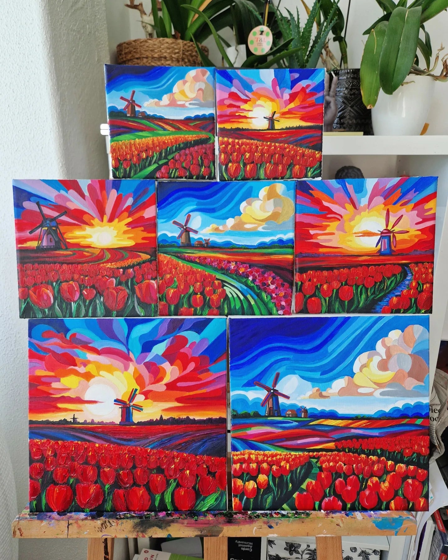 Oil Painting Dutch Tulip Fields Colourful Landscape Holland Windmills Water ArtyMargarita