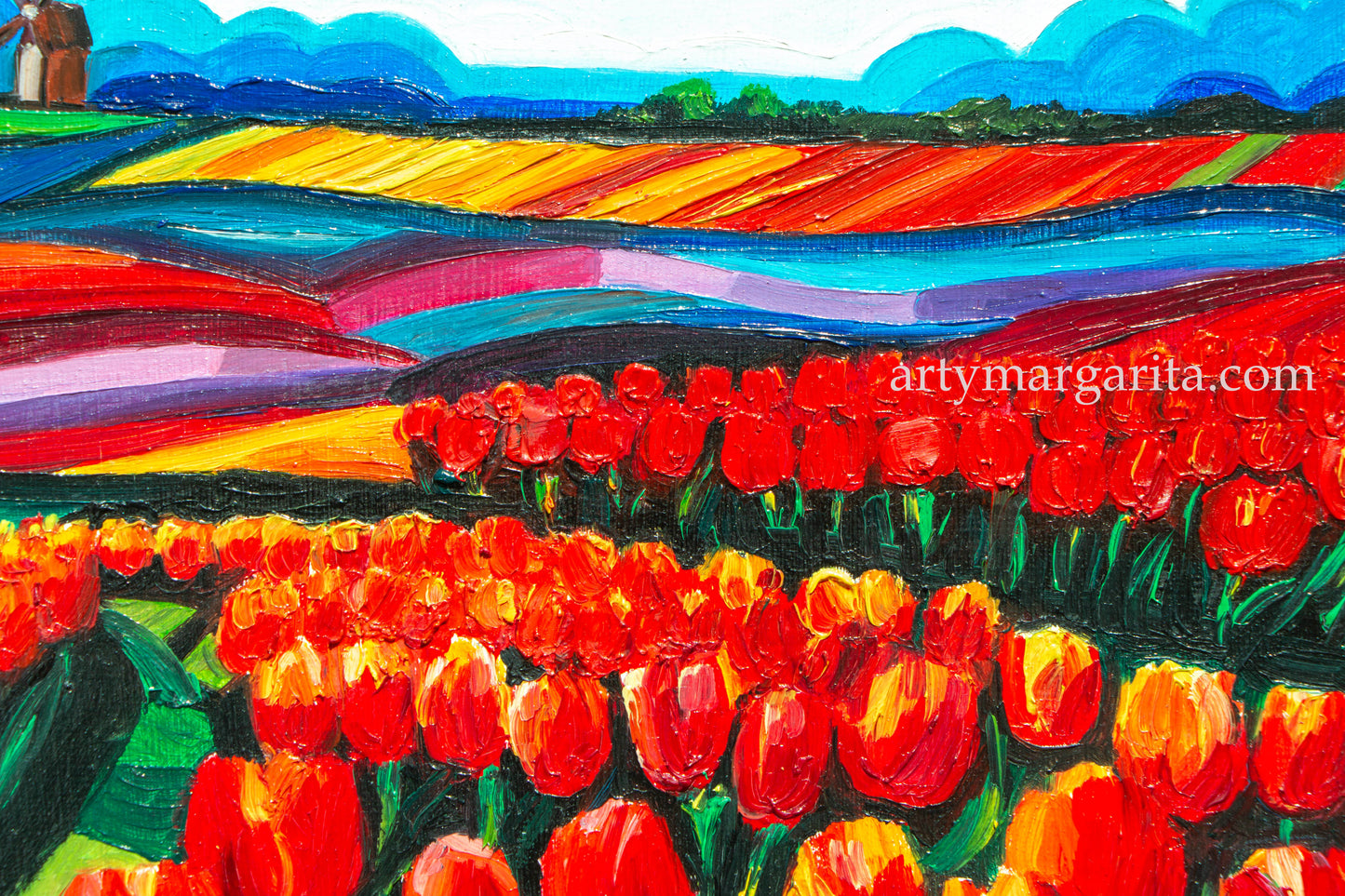 Oil Painting Dutch Tulip Fields Colourful Landscape Holland Windmills ArtyMargarita