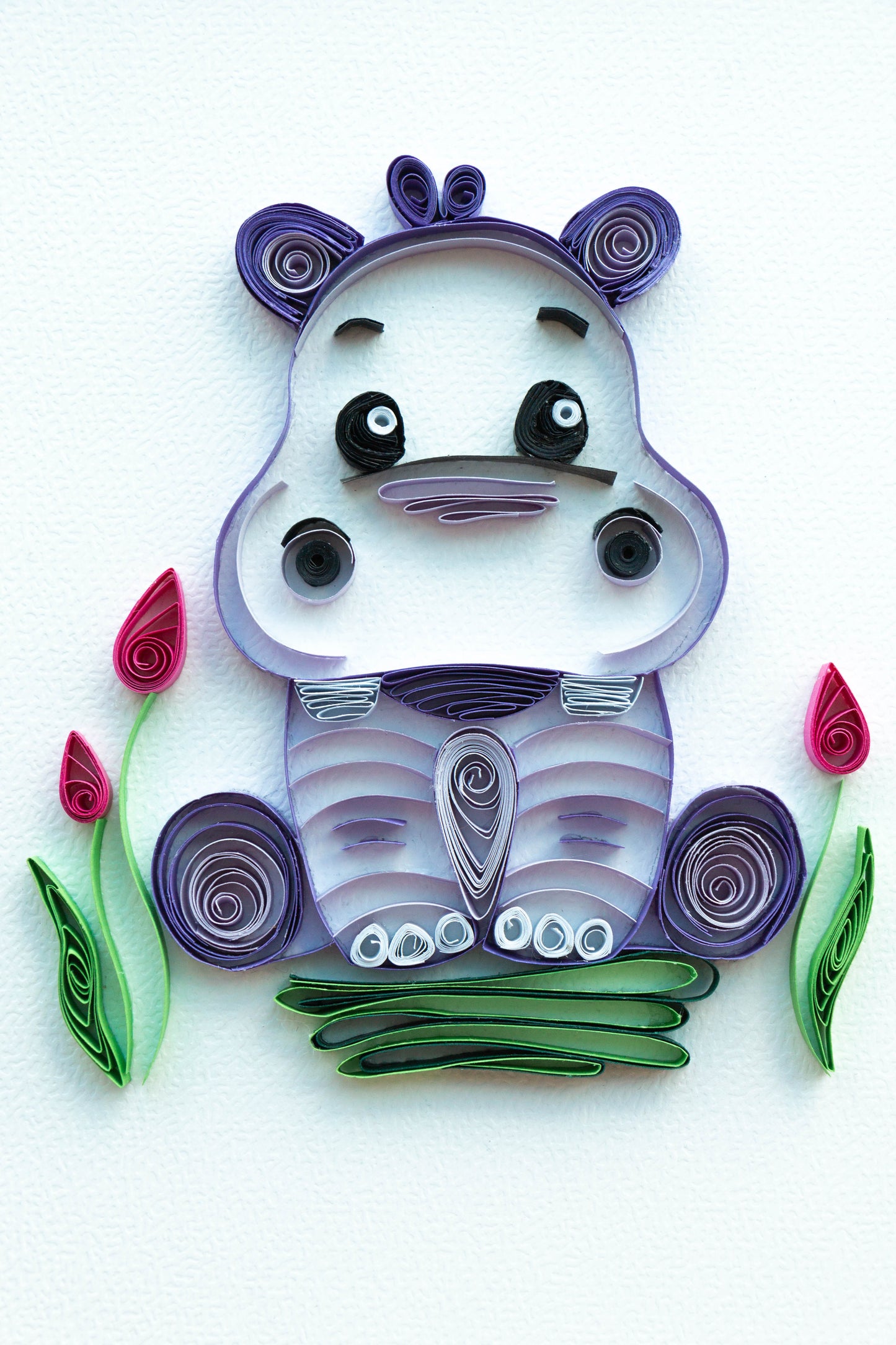 Small baby hippopotamus from paper. Baby room present quilling artwork. ArtyMargarita.com Uique artworks from paper.
