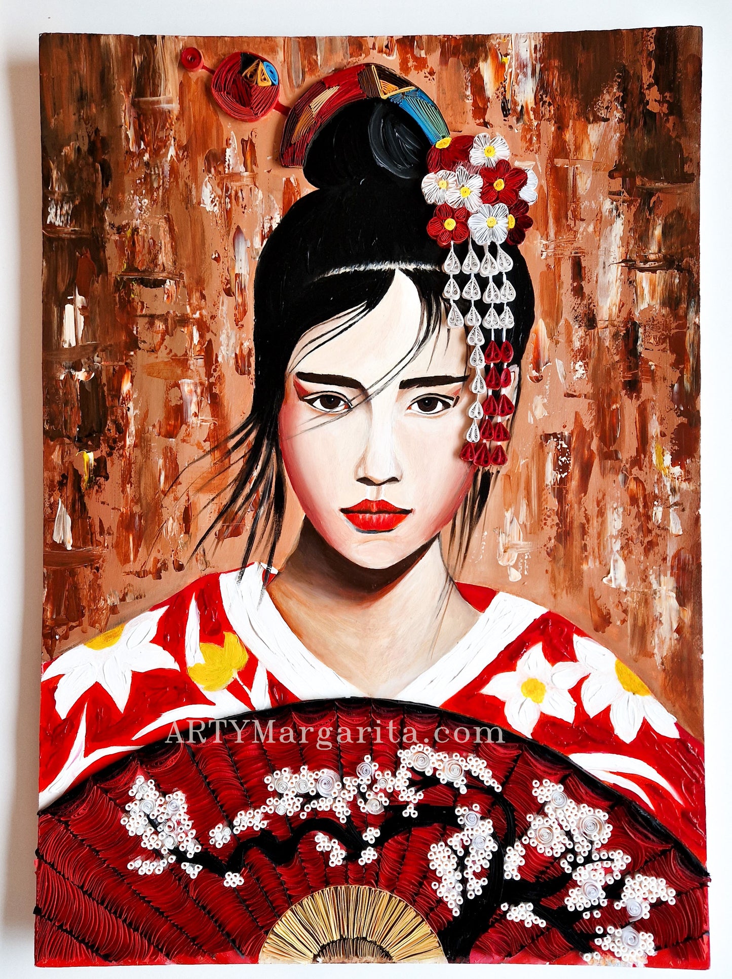 Japaneese girl artwork with fan Paper Art Abstract Artwork Quilling Art ArtyMargarita