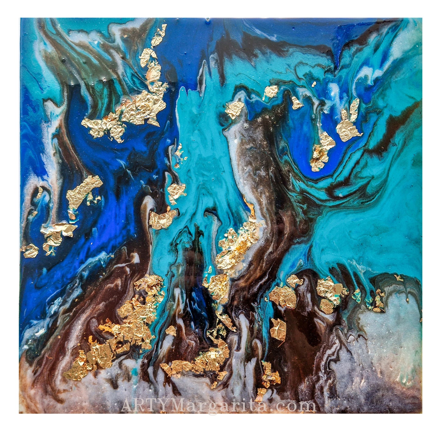 Abstract Epoxy art Acrylic Painting Abstract Blue Gold Dutch Pouring ARTYMargarita.com