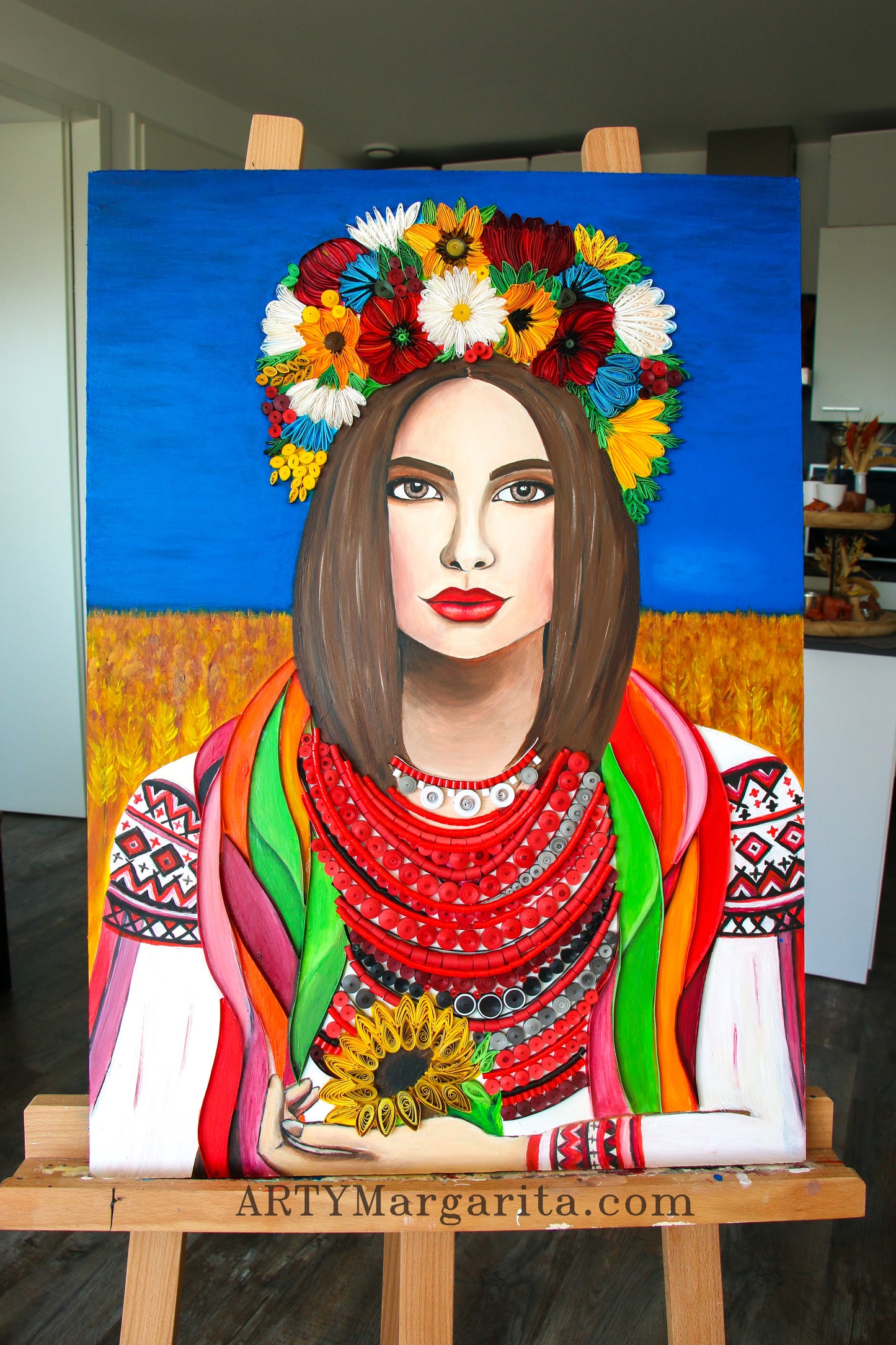 Ukrainian girl artwork from paper painted in acrylics Ukraine war Quilling art by ARTYMargarita