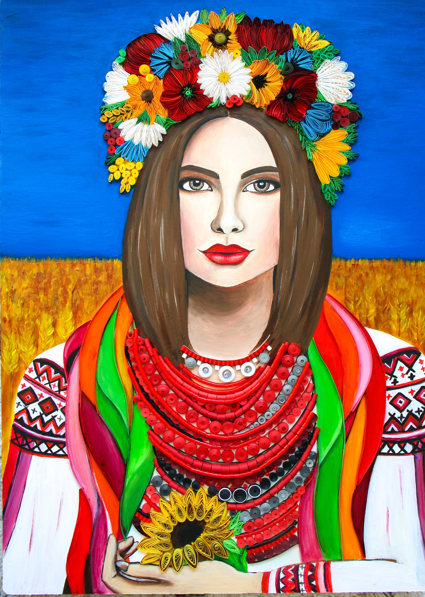 Ukrainian girl artwork from paper painted in acrylics Ukraine war Quilling art by ARTYMargarita