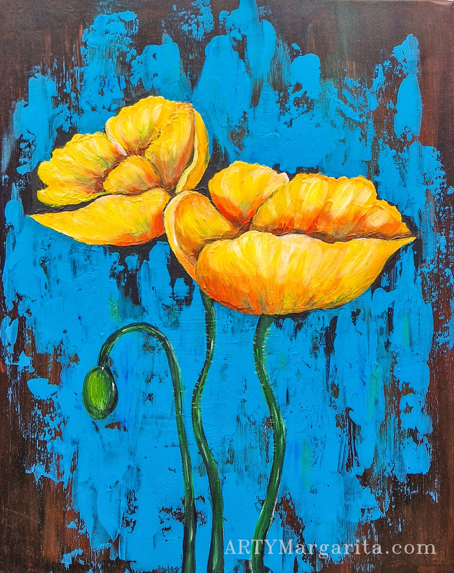 Acrylic Painting Yellow Poppy on Blue background