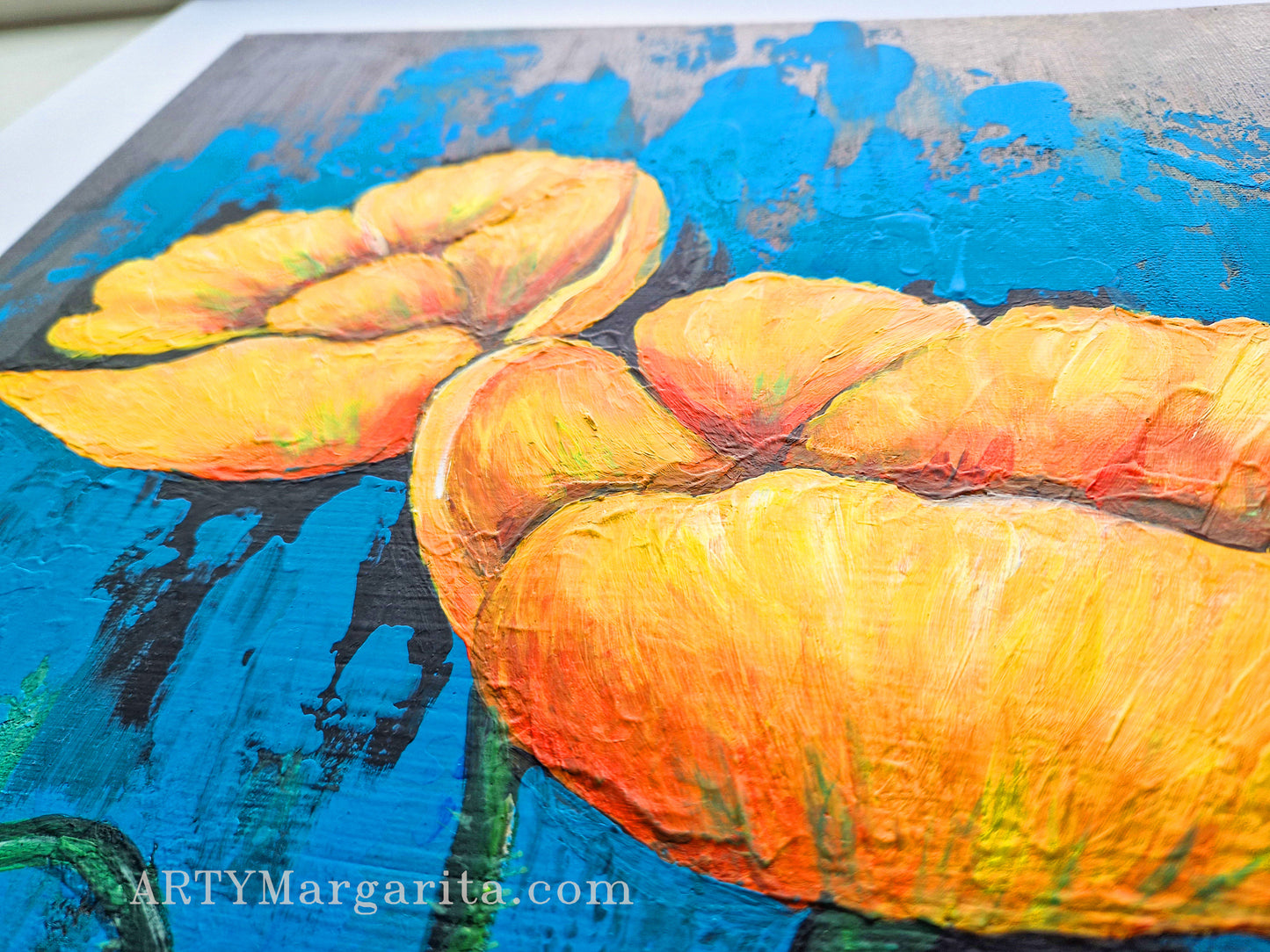 Acrylic Painting Yellow Poppy on Blue background