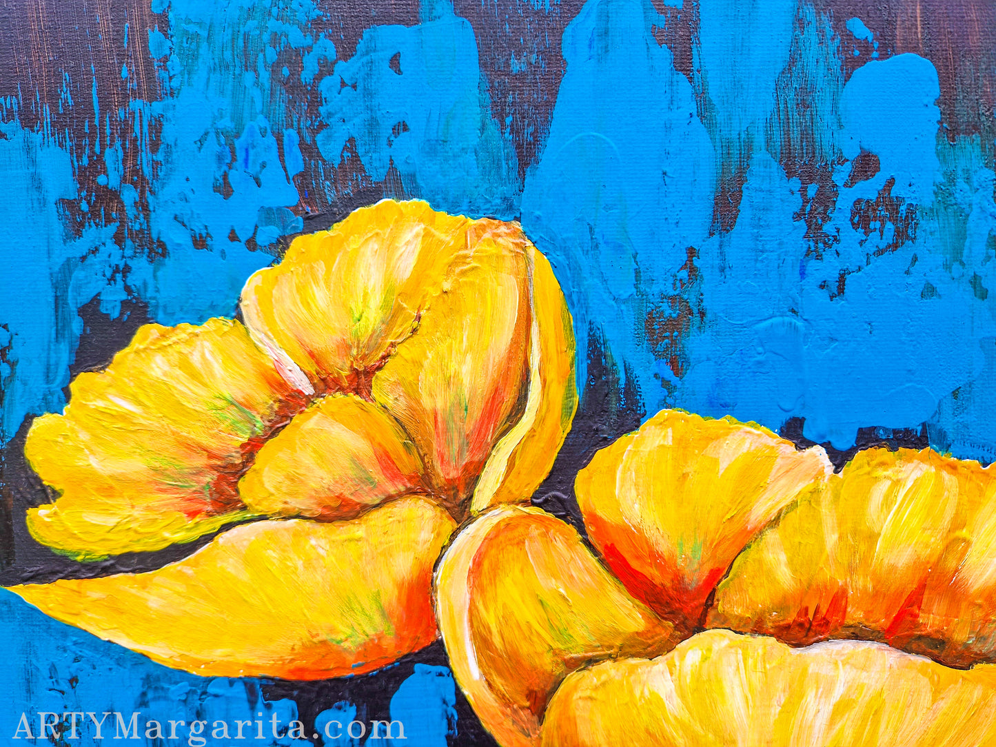 Acrylic Painting Yellow Poppy on Blue background