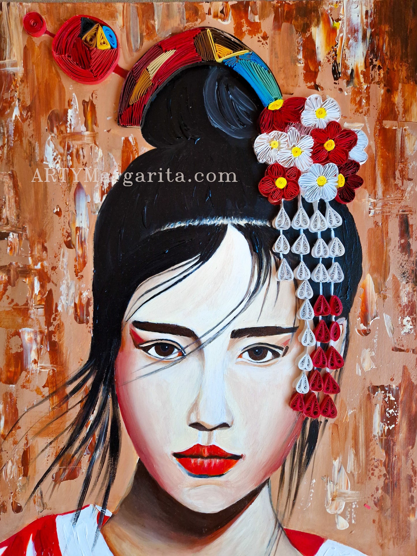 Japaneese girl artwork with fan Paper Art Abstract Artwork Quilling Art ArtyMargarita