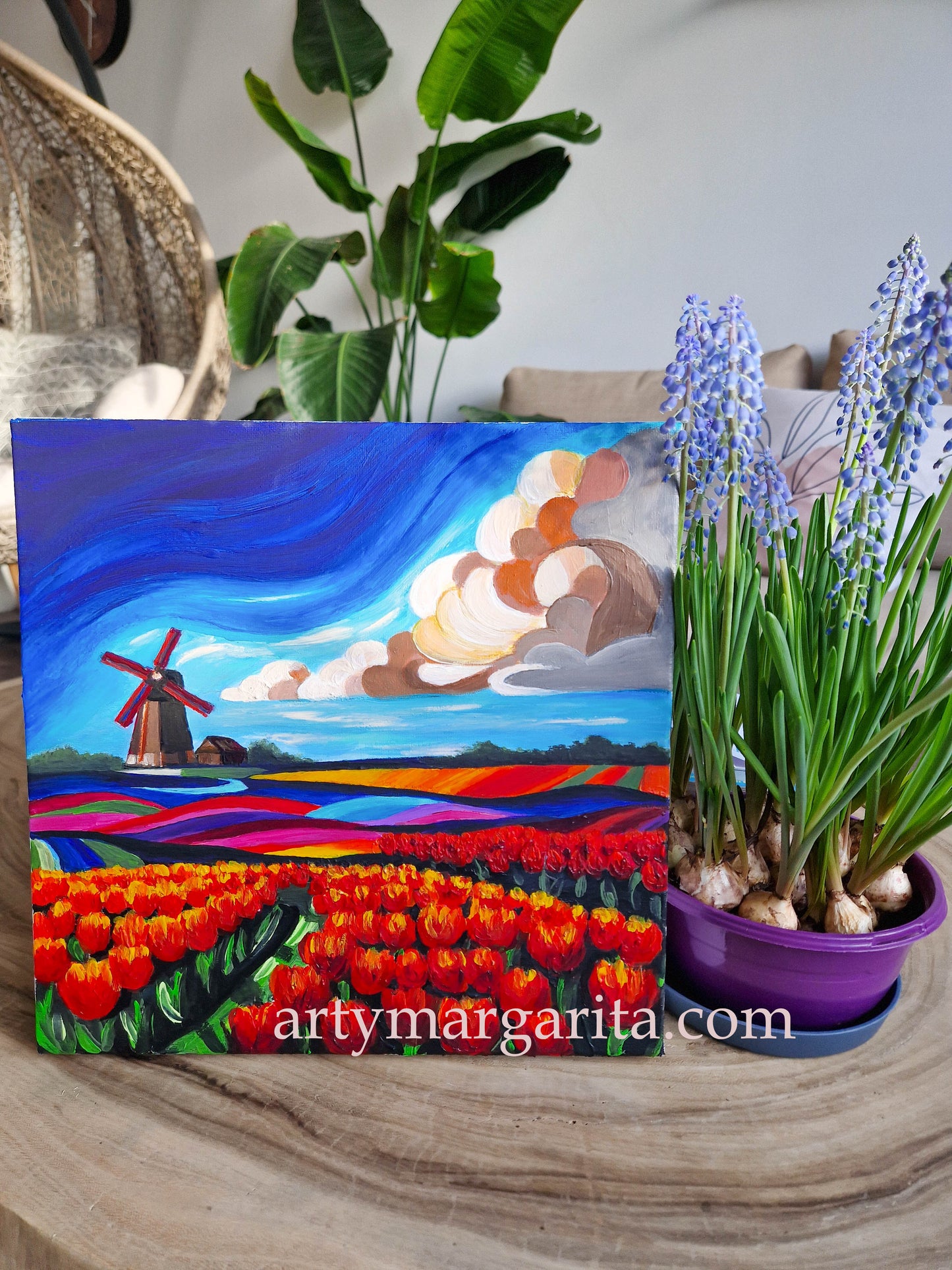 Oil Painting Dutch Tulip Fields Colourful Landscape Holland Windmills ArtyMargarita