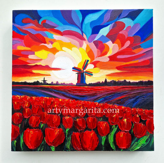 Oil Painting Dutch Tulip Fields on the Sunset Colourful Landscape Holland Windmills