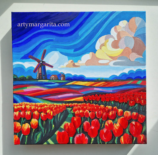 Oil Painting Dutch Tulip Fields Colourful Landscape Holland Windmills ArtyMargarita