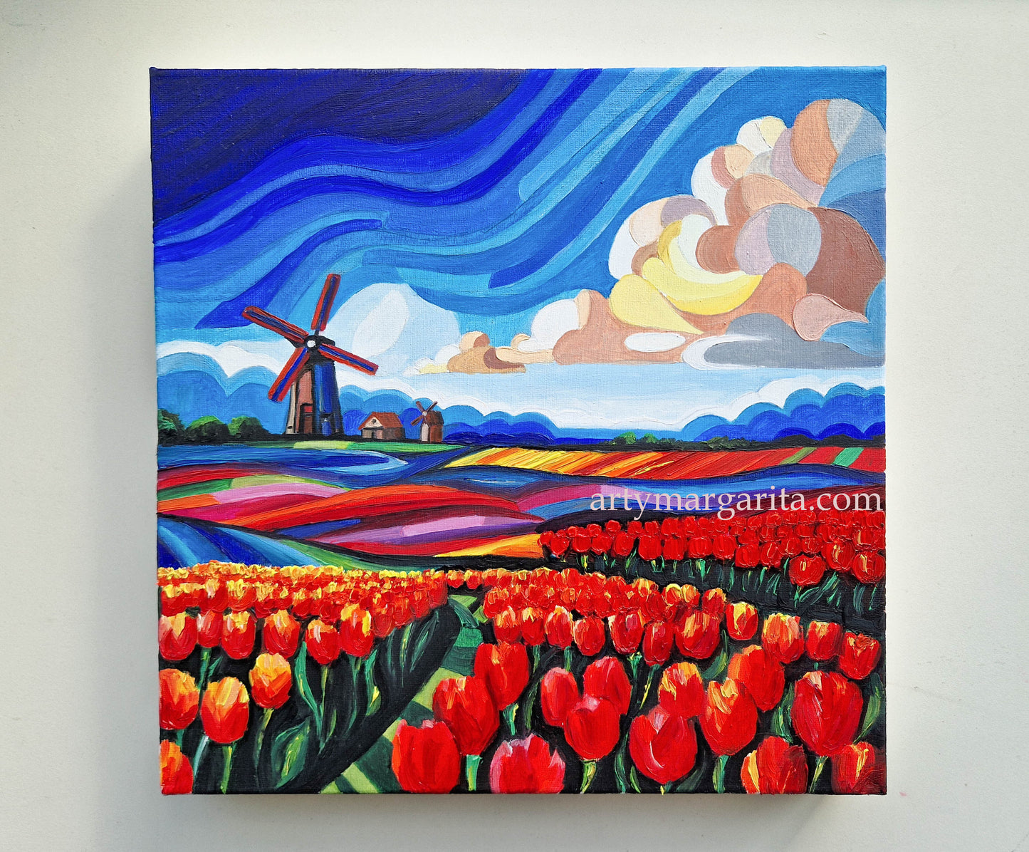 Oil Painting Dutch Tulip Fields Colourful Landscape Holland Windmills ArtyMargarita