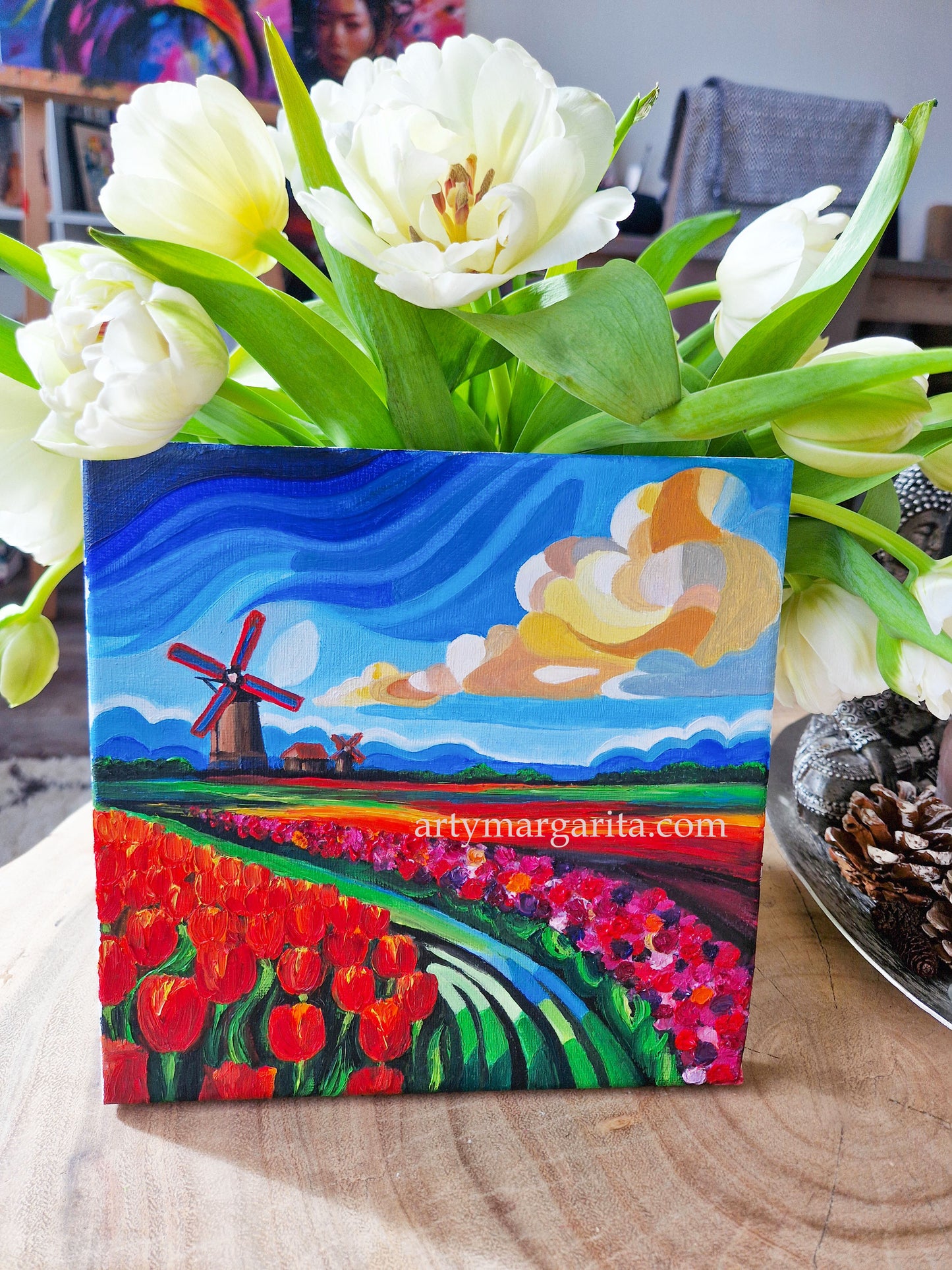 Oil Painting Dutch Tulip Fields Colourful Landscape Holland Windmills Water ArtyMargarita