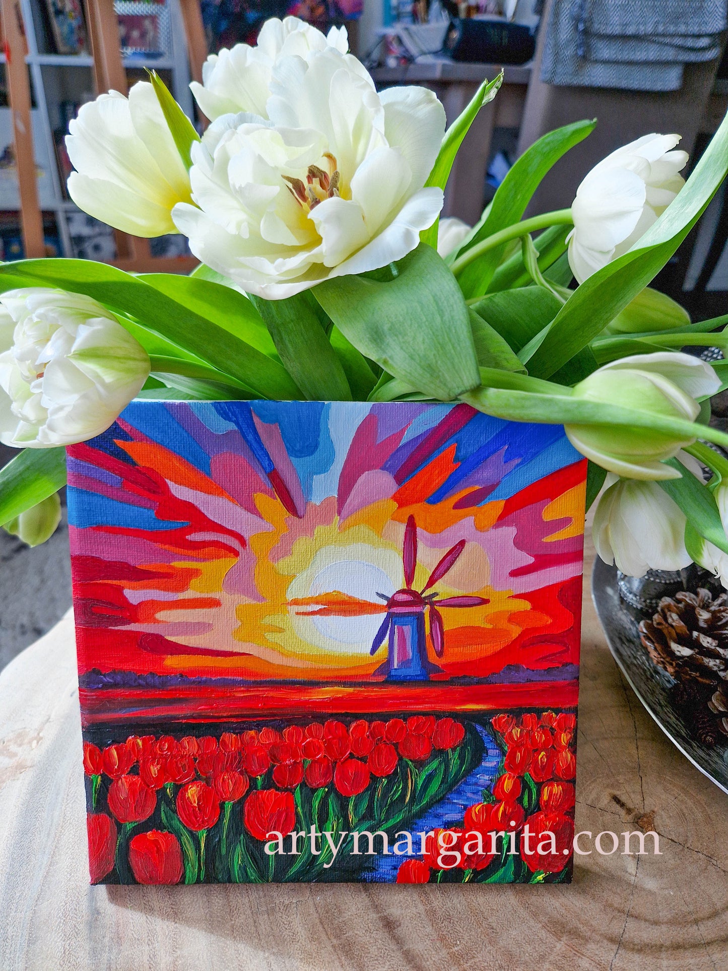 Oil Painting Dutch Tulip Fields Colourful Landscape Holland Windmills Sunrise