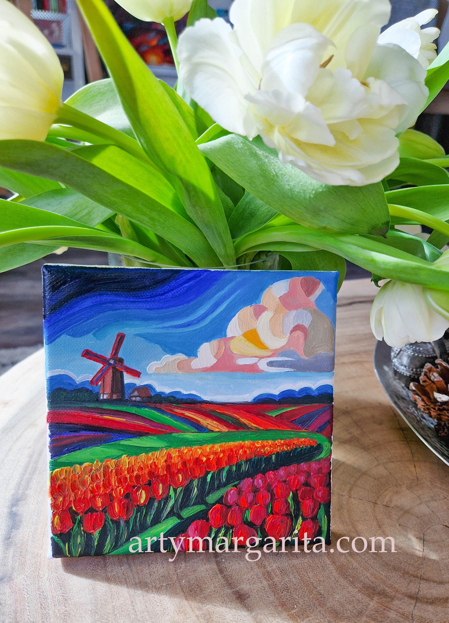 Oil Painting Dutch Tulip Fields Colourful Landscape Holland Windmills Day ArtyMargarita