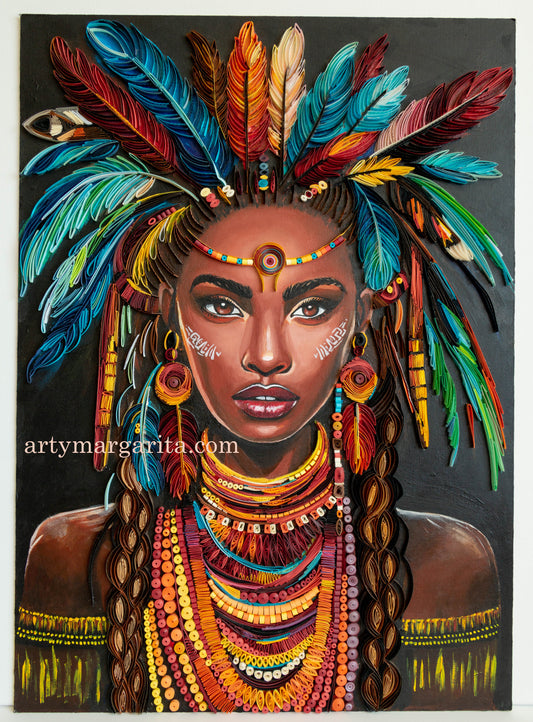Shaman woman paper artwork with paper jewellery Quilling