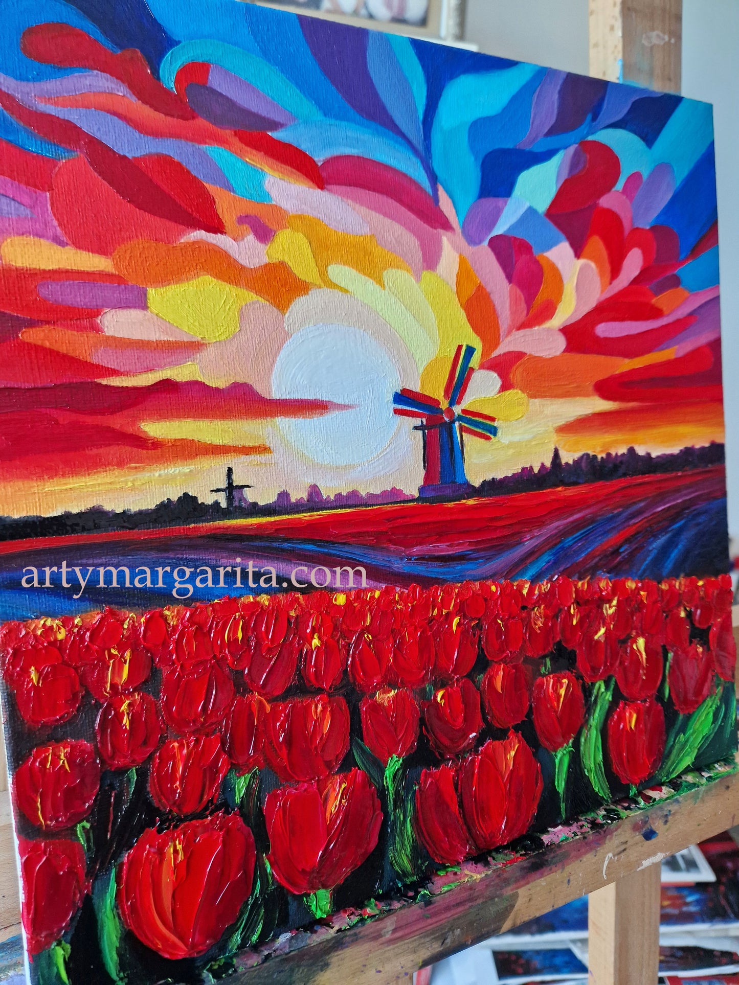 Oil Painting Dutch Tulip Fields on the Sunset Colourful Landscape Holland Windmills