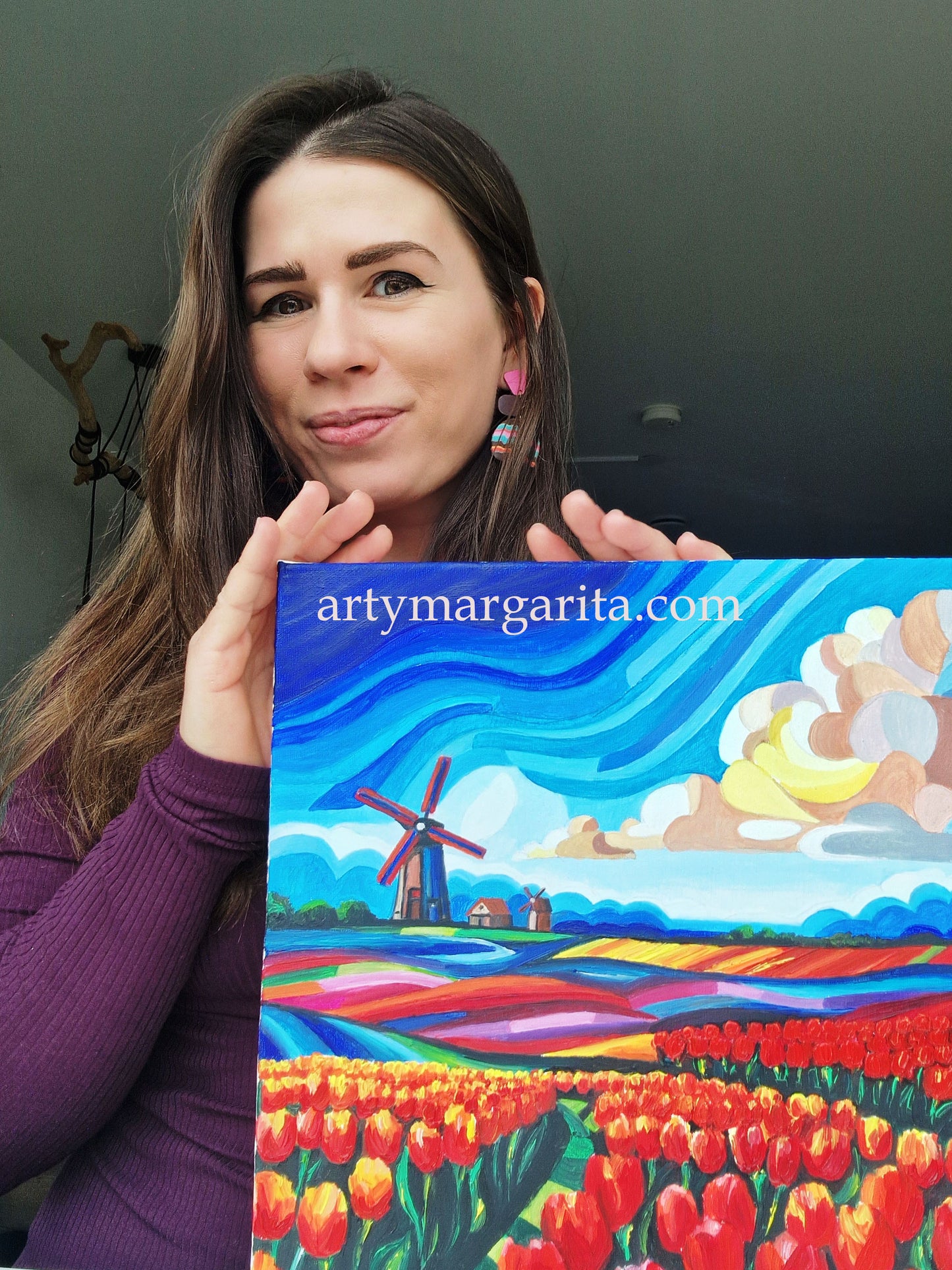 Oil Painting Dutch Tulip Fields Colourful Landscape Holland Windmills ArtyMargarita