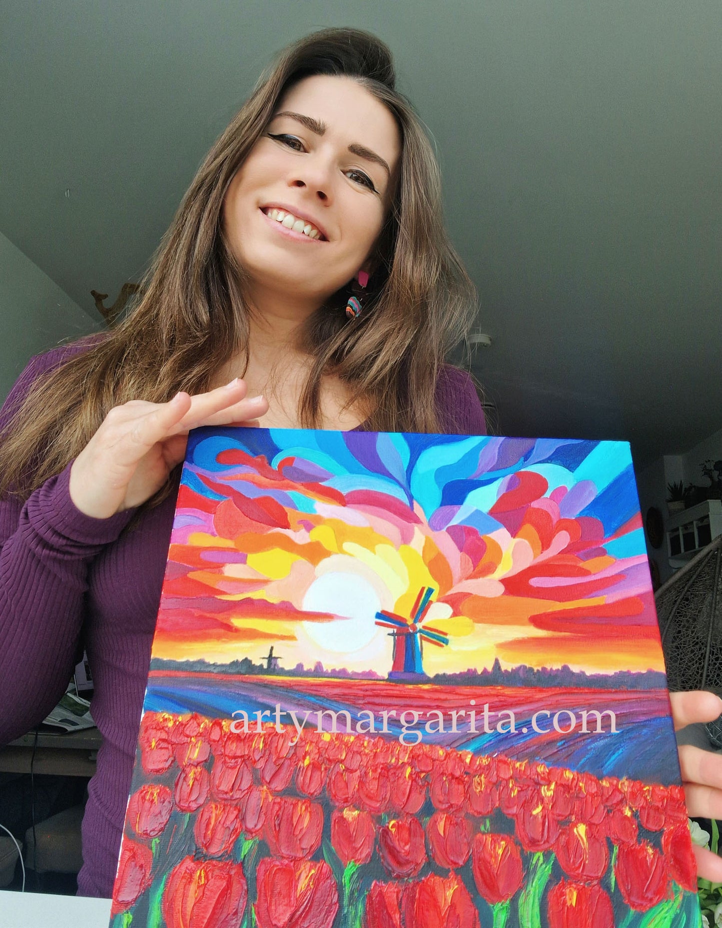 Oil Painting Dutch Tulip Fields on the Sunset Colourful Landscape Holland Windmills