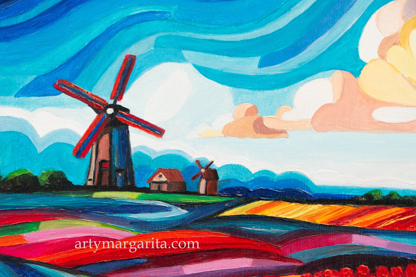 Oil Painting Dutch Tulip Fields Colourful Landscape Holland Windmills ArtyMargarita