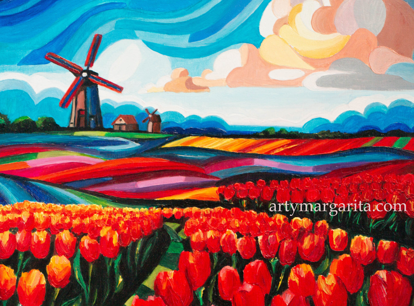 Oil Painting Dutch Tulip Fields Colourful Landscape Holland Windmills ArtyMargarita