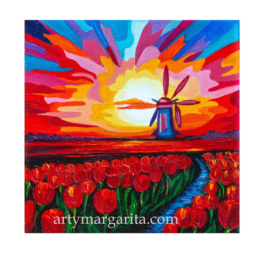 Oil Painting Dutch Tulip Fields Colourful Landscape Holland Windmills Sunrise