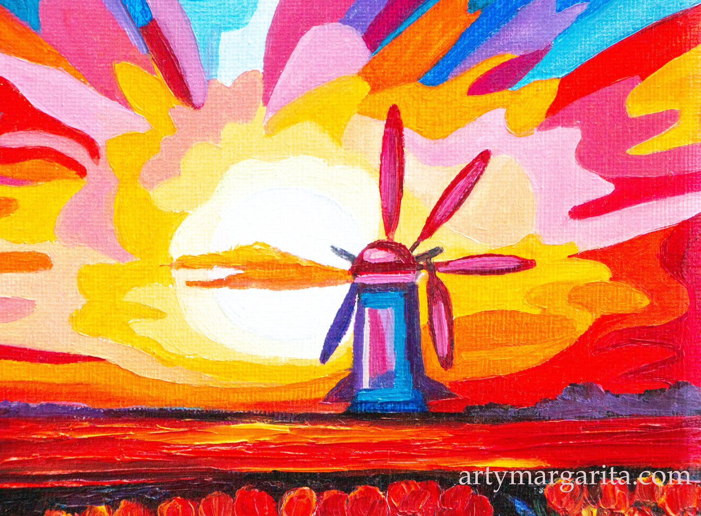 Oil Painting Dutch Tulip Fields Colourful Landscape Holland Windmills Sunrise