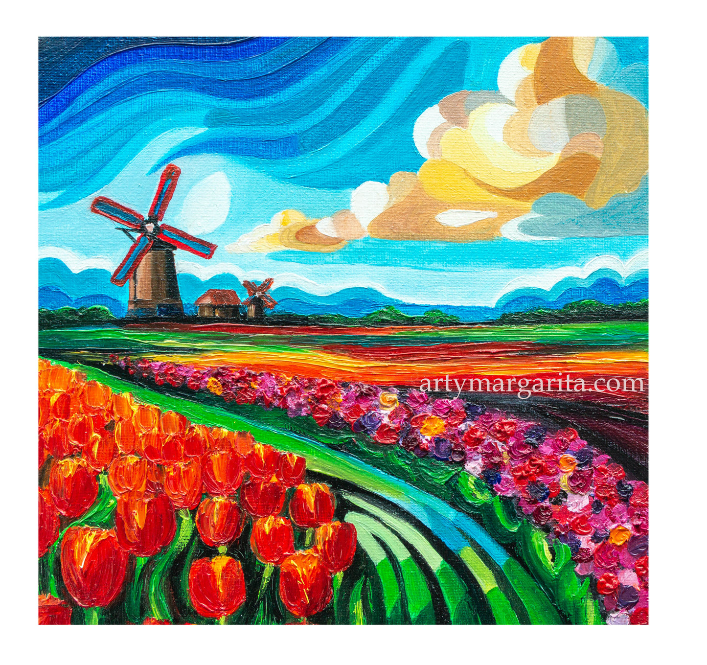 Oil Painting Dutch Tulip Fields Colourful Landscape Holland Windmills Water ArtyMargarita