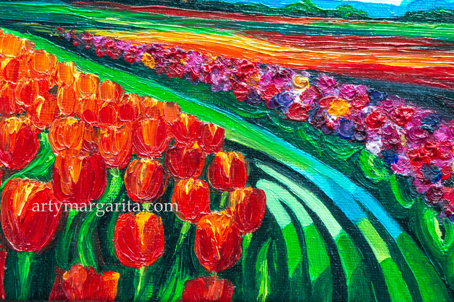 Oil Painting Dutch Tulip Fields Colourful Landscape Holland Windmills Water ArtyMargarita