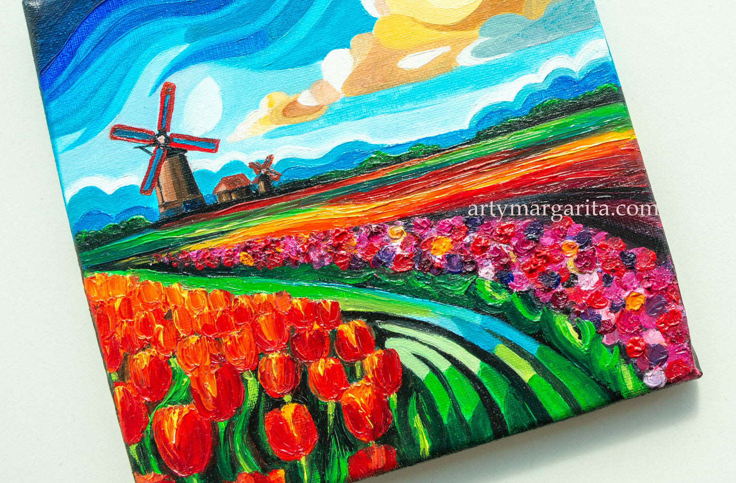 Oil Painting Dutch Tulip Fields Colourful Landscape Holland Windmills Water ArtyMargarita