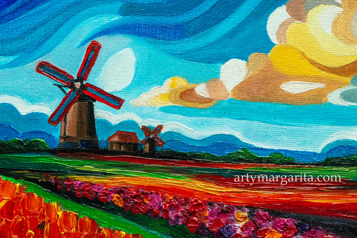 Oil Painting Dutch Tulip Fields Colourful Landscape Holland Windmills Water ArtyMargarita