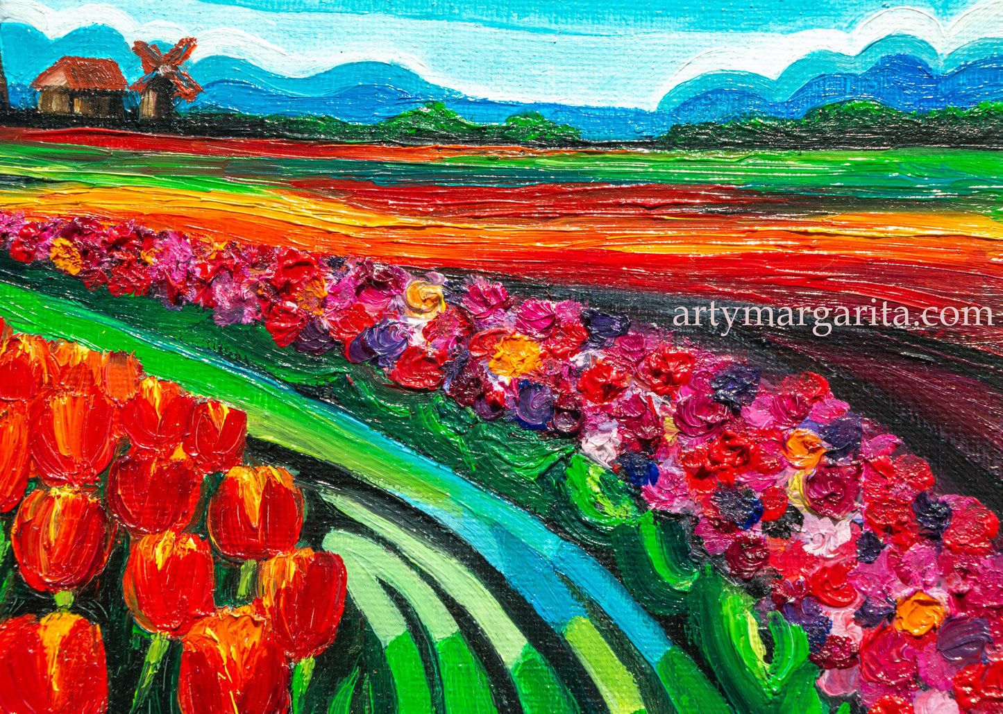 Oil Painting Dutch Tulip Fields Colourful Landscape Holland Windmills Water ArtyMargarita