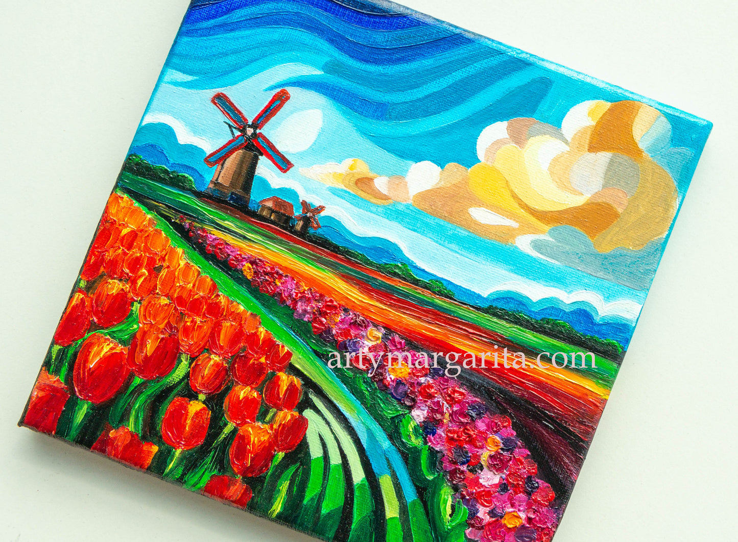 Oil Painting Dutch Tulip Fields Colourful Landscape Holland Windmills Water ArtyMargarita