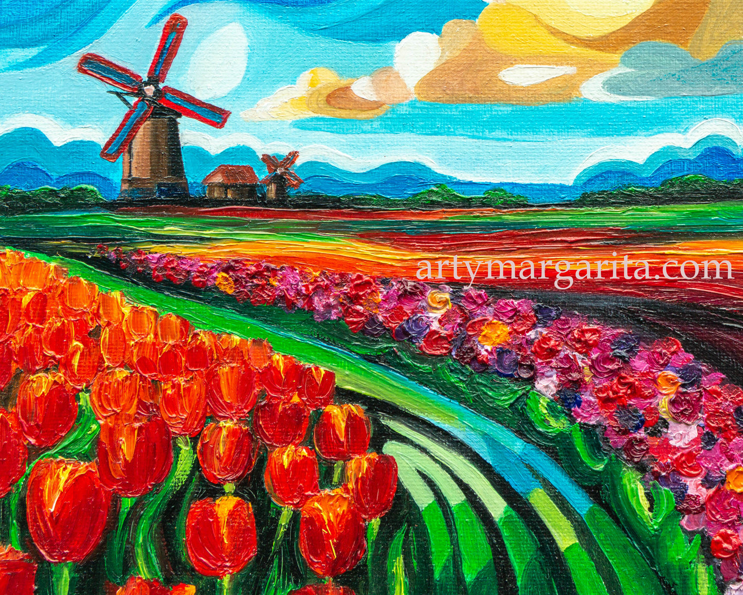 Oil Painting Dutch Tulip Fields Colourful Landscape Holland Windmills Water ArtyMargarita