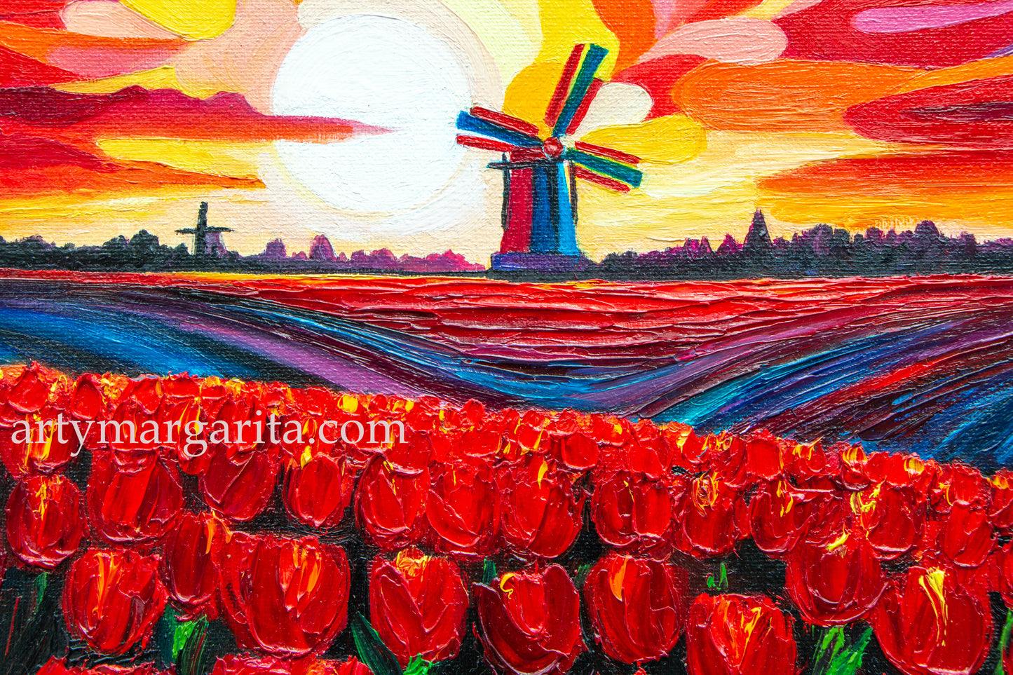 Oil Painting Dutch Tulip Fields on the Sunset Colourful Landscape Holland Windmills