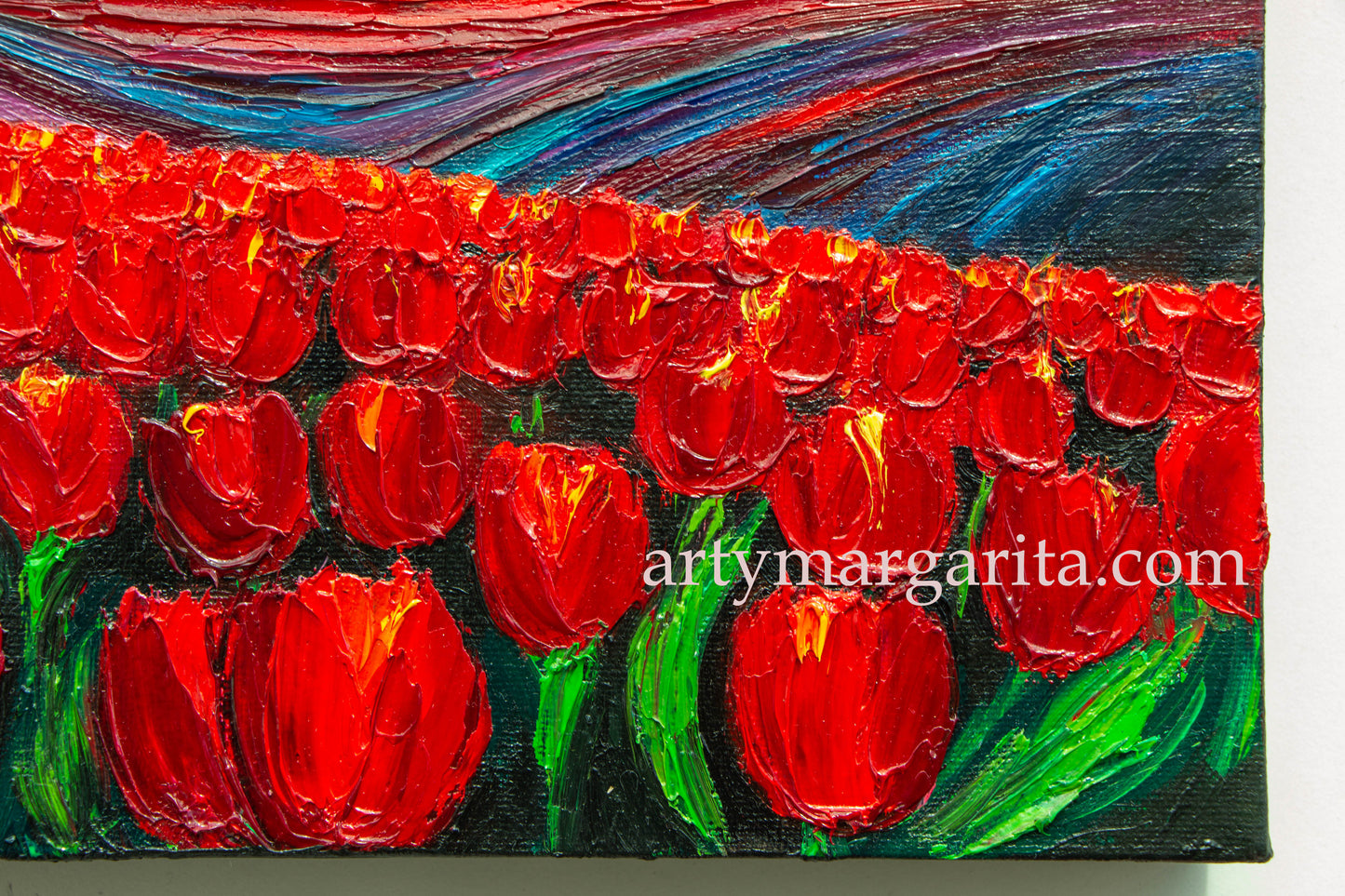 Oil Painting Dutch Tulip Fields on the Sunset Colourful Landscape Holland Windmills