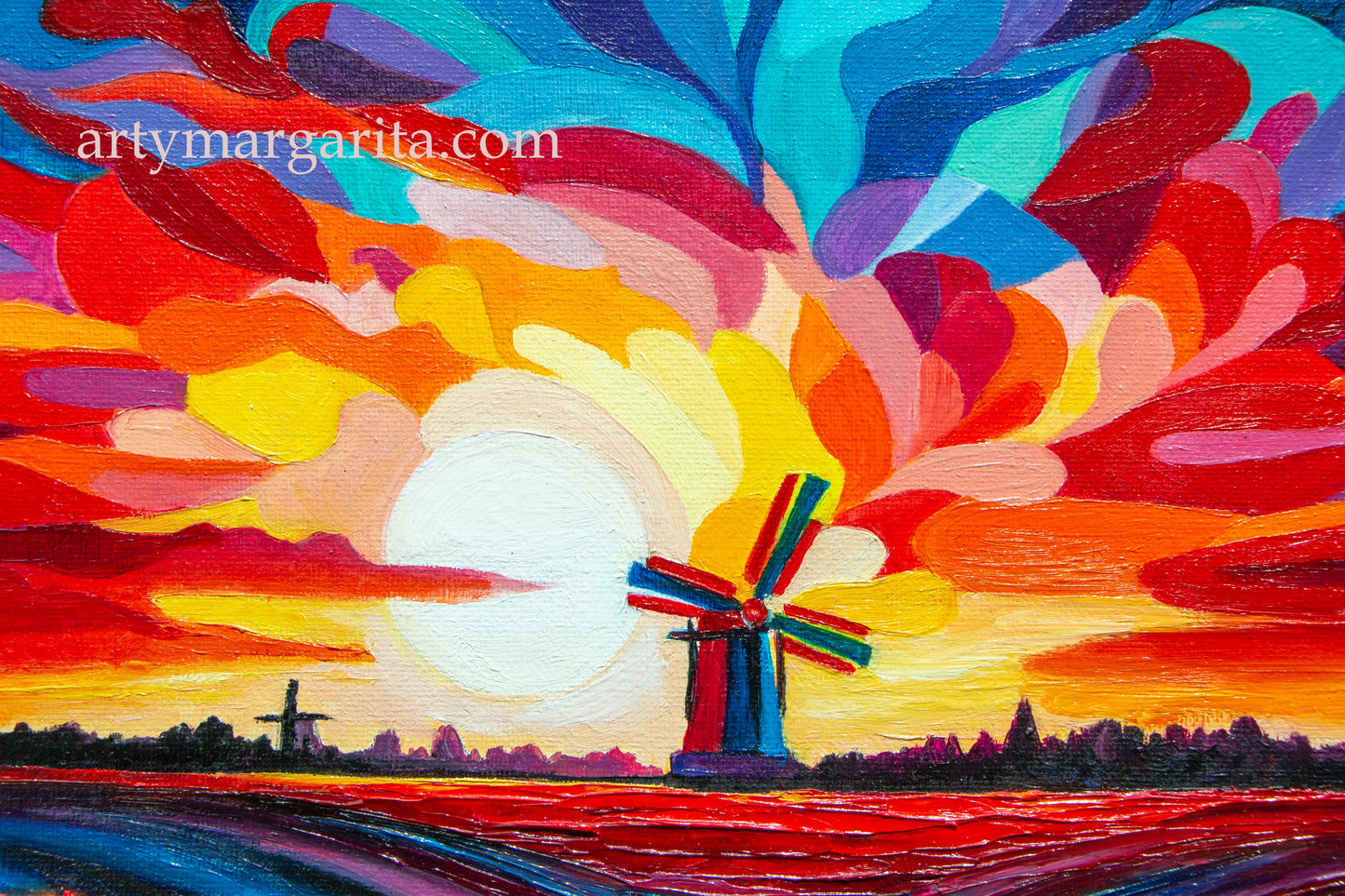 Oil Painting Dutch Tulip Fields on the Sunset Colourful Landscape Holland Windmills