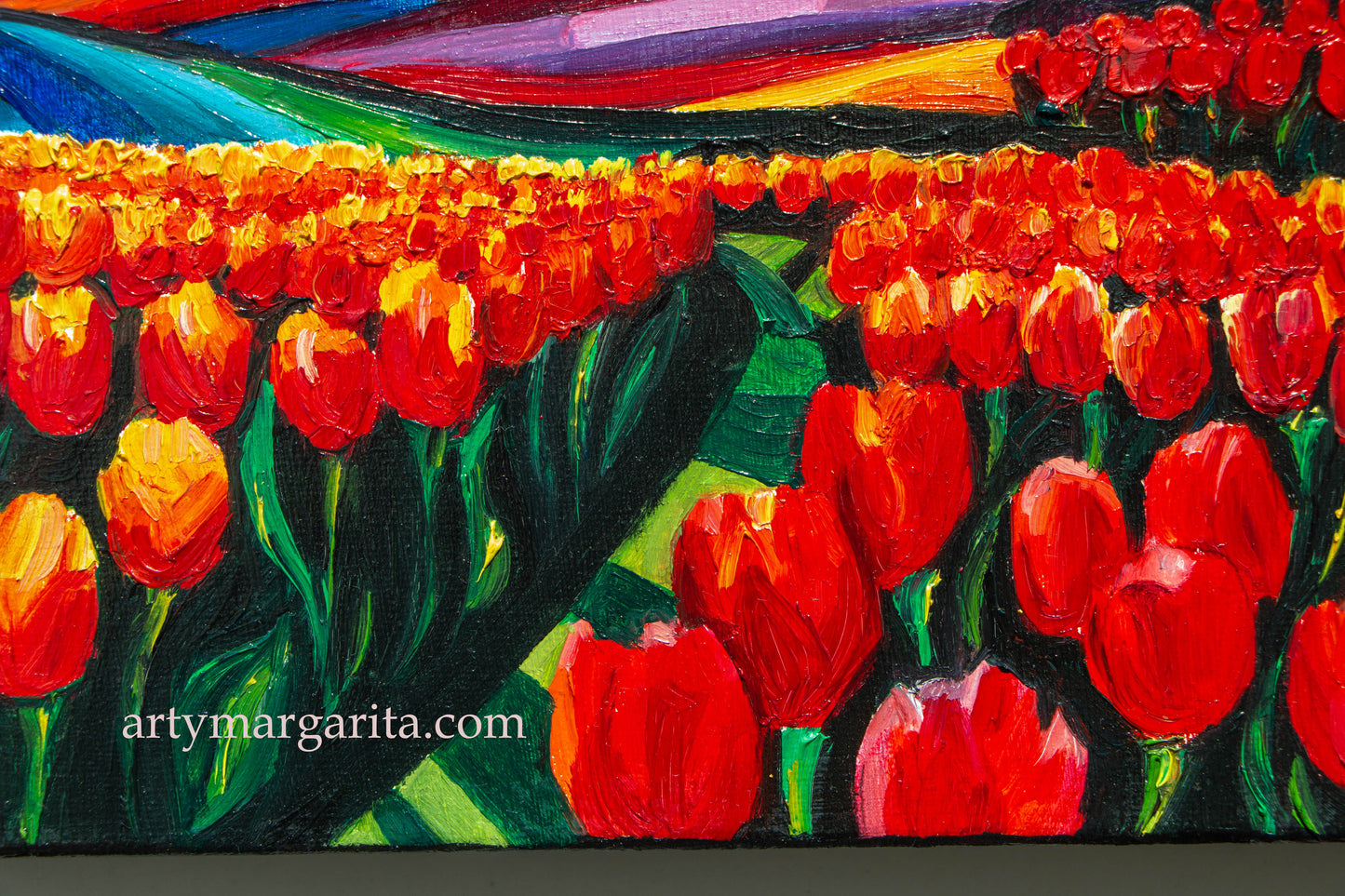 Oil Painting Dutch Tulip Fields Colourful Landscape Holland Windmills ArtyMargarita