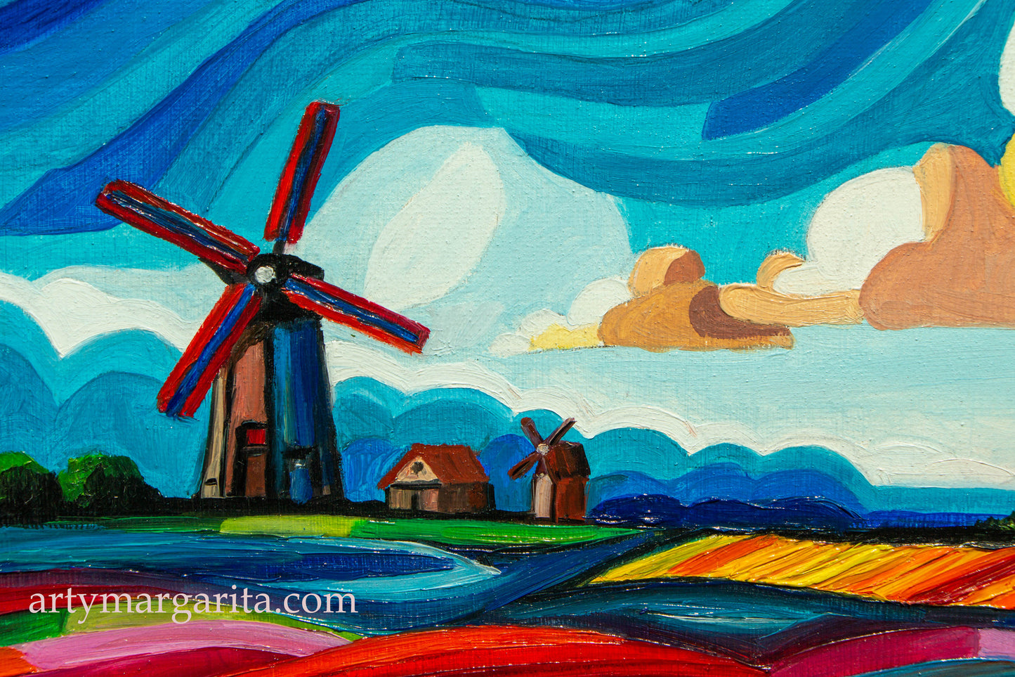 Oil Painting Dutch Tulip Fields Colourful Landscape Holland Windmills ArtyMargarita