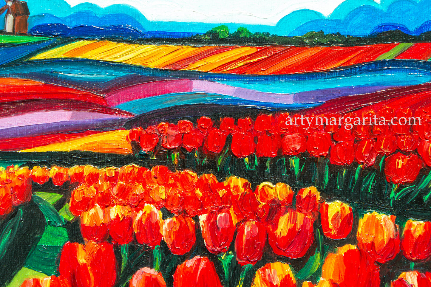 Oil Painting Dutch Tulip Fields Colourful Landscape Holland Windmills ArtyMargarita