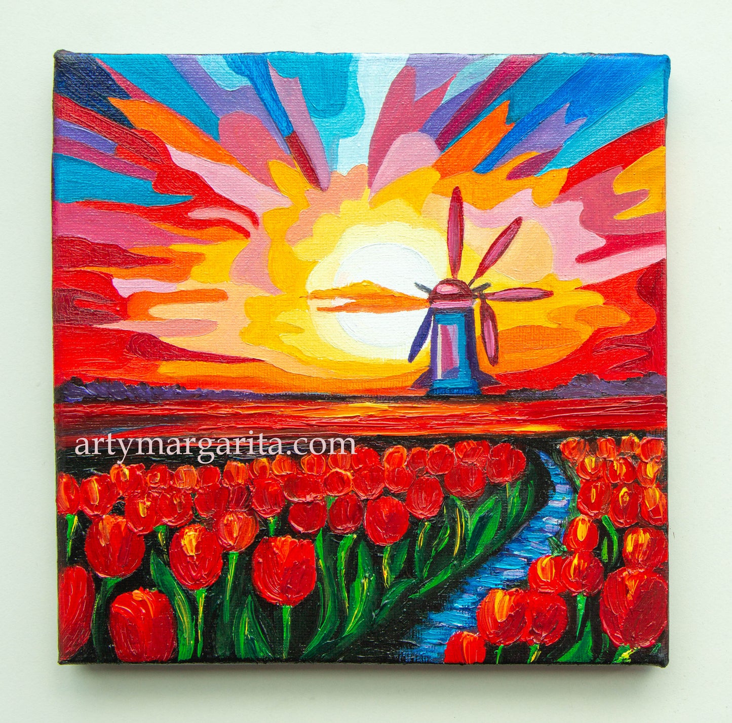 Oil Painting Dutch Tulip Fields Colourful Landscape Holland Windmills Sunrise