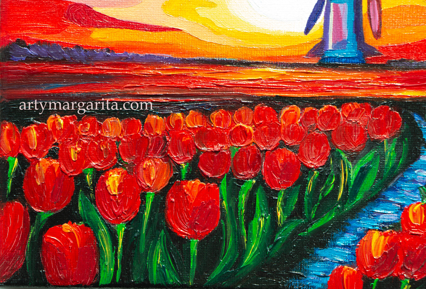 Oil Painting Dutch Tulip Fields Colourful Landscape Holland Windmills Sunrise