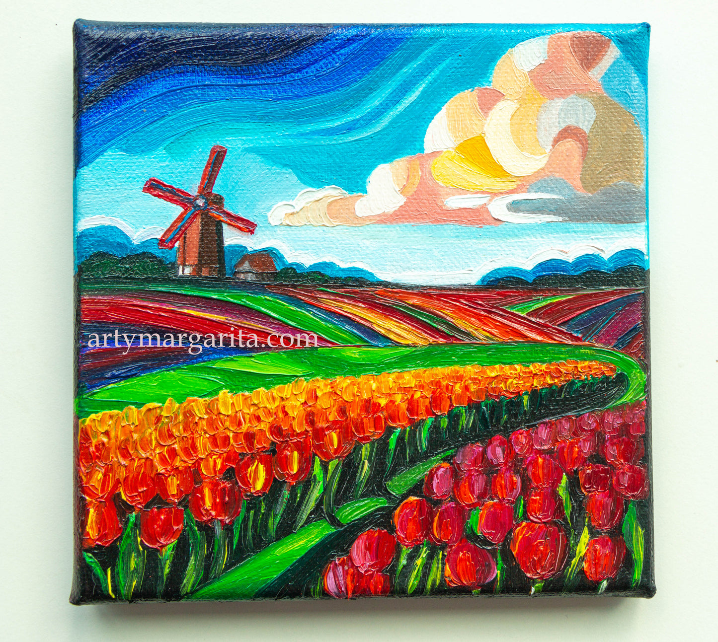 Oil Painting Dutch Tulip Fields Colourful Landscape Holland Windmills Day ArtyMargarita