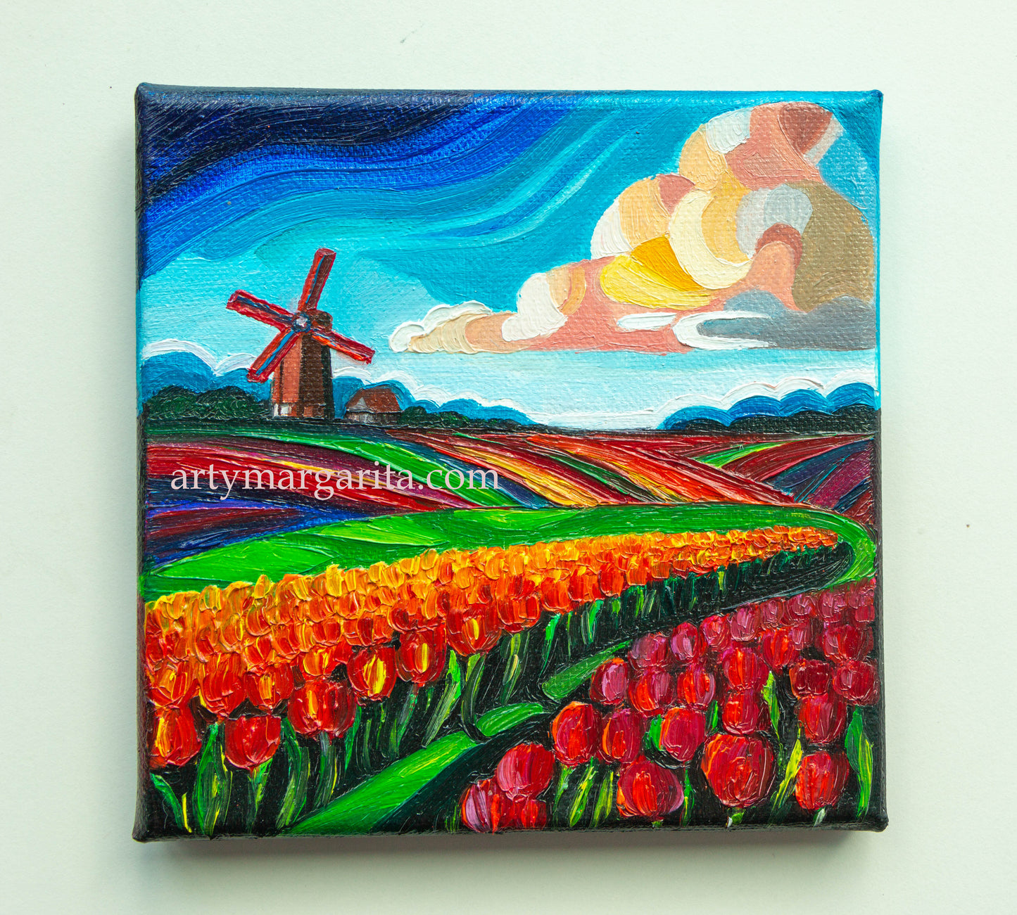 Oil Painting Dutch Tulip Fields Colourful Landscape Holland Windmills Day ArtyMargarita